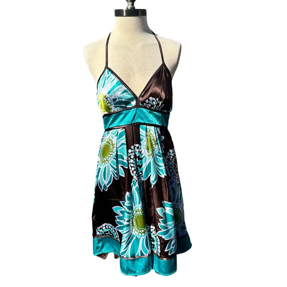 Vintage Y2K Brown Teal Floral Halter Satin Party Dress Med Girlhoodcore Fairy